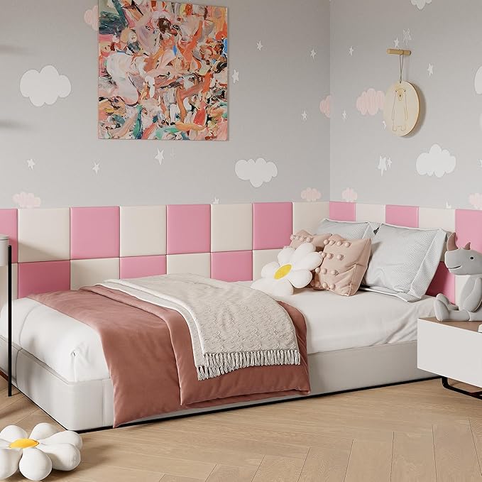Yutianli 3D Anti-Collision Wall Padding for Kids Peel and Stick Headboard Wall Panels Pack of 4 Sized 11.8"x 11.8" Pink Self-Adhesive Panels for Playroom Bedroom Upholstered Wall