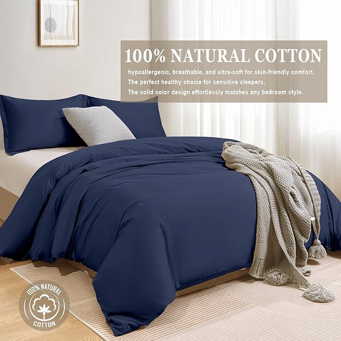 100-Percent Cotton Duvet Cover Set, Hidden Zipper Closure, Ultra Soft, Easy Care and Durable, Simple Bedding Style, King, Navy (Comforter Not Included)