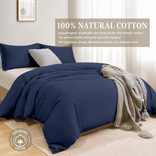 100-Percent Cotton Duvet Cover Set, Hidden Zipper Closure, Ultra Soft, Easy Care and Durable, Simple Bedding Style, Twin, Navy (Comforter Not Included)