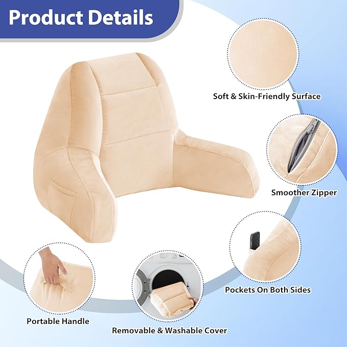 Reading Pillows for Sitting in Bed Adult, Back Pillow for Bed Sitting Up, Backrest Pillows with Shredded Foam for Adult&Teens, Support Pillow with Arms for Beds, Couch, Floor, 18in, Beige