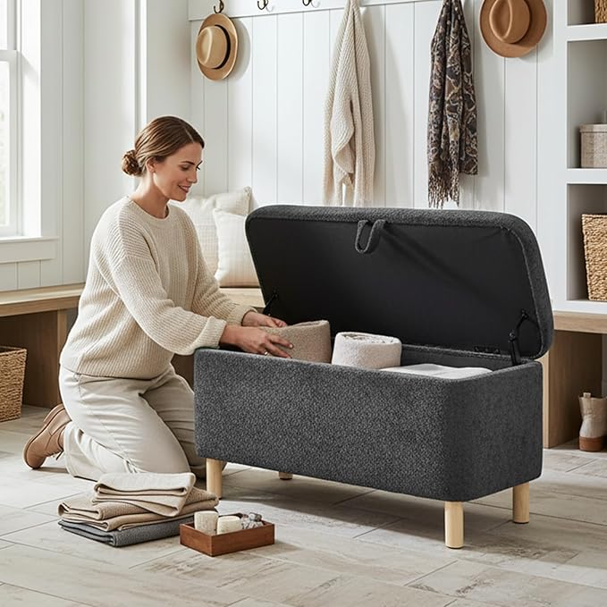 Ottoman with Storage, Storage Ottoman Bench, Entryway Bench, End of Bed Bench with Wood Legs for Bedroom, Living Room,Dark Grey
