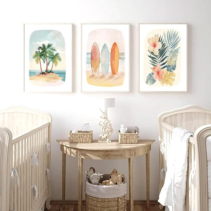 Beach Nursery Poster, Set of 6 Ocean Kids Wall Art Watercolor Summer Surf Wall Decor Beachy Boys Room Decor Funny Teen Coastal Surfboard Canvas Prints Aesthetic Unframed 12x16 inch