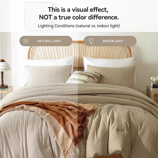 ROSGONIA Full Size Comforter Sets for Girls Boys Kids Light Khaki, 3pcs Comforter Full Size(1 Comforter & 2 Pillowcases) Lightweight Dorm Bedding Sets