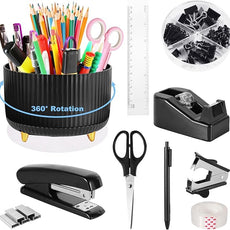 Desk Organizers and Accessories Set with 360-Degree Rotating Pen Holder, Tape Dispenser, Stapler, Staple Remover, 1000 Staples, Tape, Clips Set, Ruler, Scissor, Pen