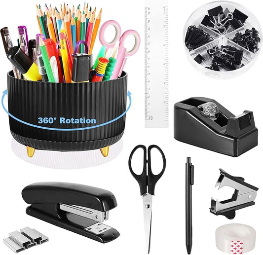 Desk Organizers and Accessories Set with 360-Degree Rotating Pen Holder, Tape Dispenser, Stapler, Staple Remover, 1000 Staples, Tape, Clips Set, Ruler, Scissor, Pen