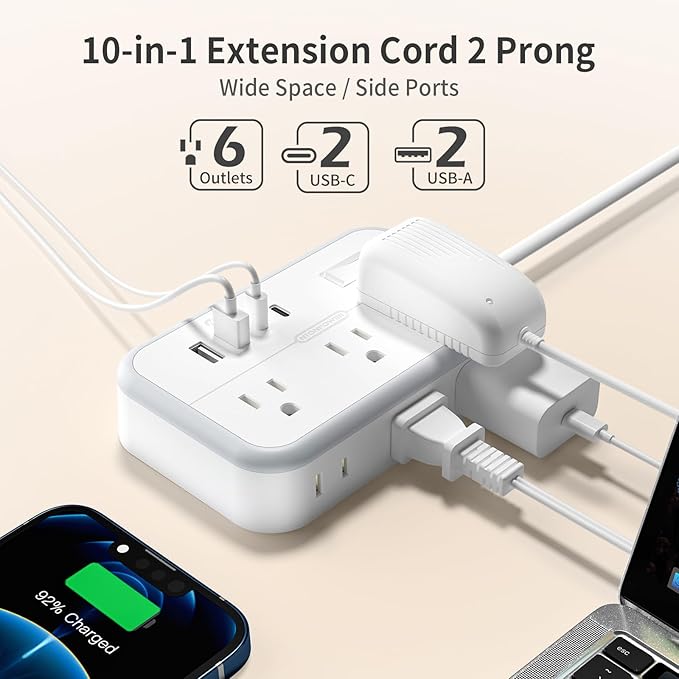 NTONPOWER 2 Prong Extension Cord 25 FT, Power Strip with 6 Outlets 4 USB Ports(2 USB C), 1875W Three Prong to Two Prong Adapter, Rotating Flat Plug, Ideal for Old House