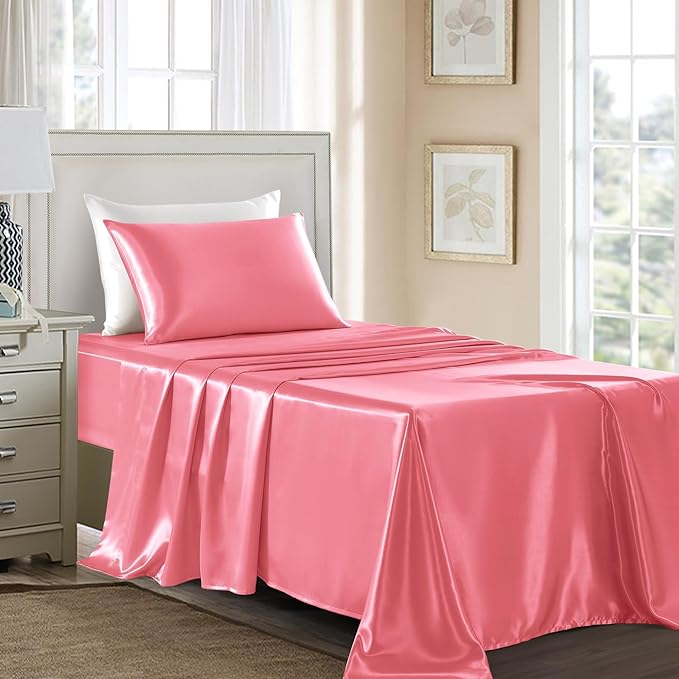 Satin Sheets Twin XL Size - 3 Pieces Luxury Silky Soft Bed Sheets, Wrinkle-Free Pink Satin Silk Sheet Set with 1 Deep Pocket Fitted Sheet, 1 Flat Sheet, 1 Pillow case