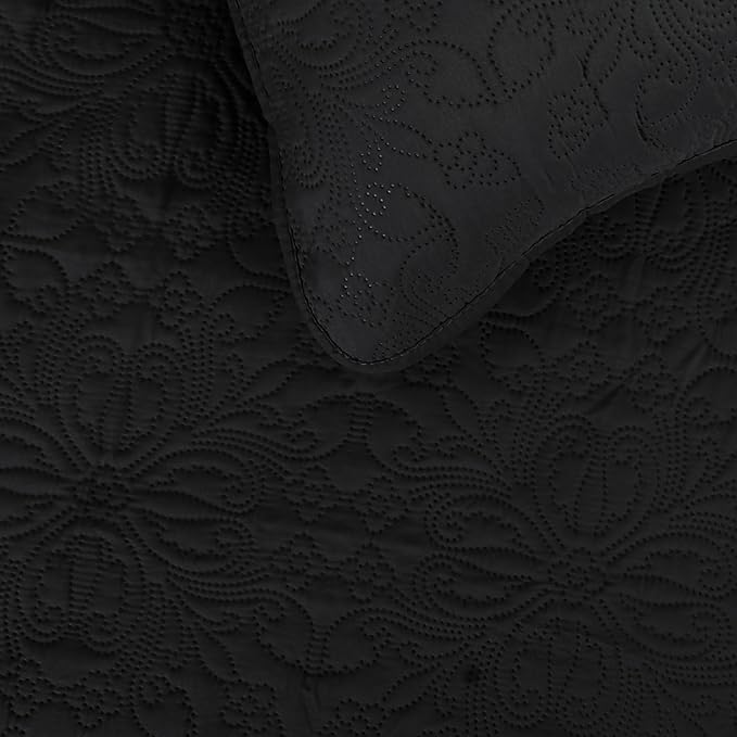 Easy-Going King Size Reversible Quilt Set with 1 Quilt and 2 Pillow Shams, Soft Bed Quilt Cover, Water Resistant Lightweight Microfiber Bedspread, Stain Resistant, Damask-Black/Beige