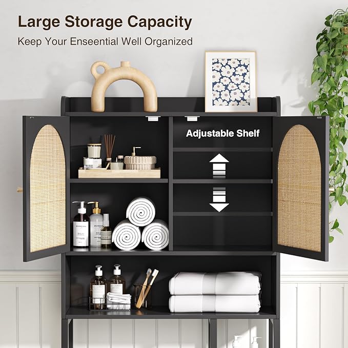 Rattan Over The Toilet Storage Cabinet with Adjustable Shelf, Bathroom Organizers and Storage with Metal Stand and Wood Rack, Tall Freestanding Shelf Space Saver, Black