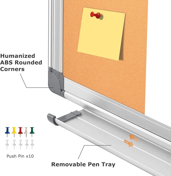 WALGLASS Dry Erase Cork Board Combo, 36"X24" White Bulletin Board for Wall, Magnetic Corkboard Whiteboard Combination, Vision Board for Office, Home, School