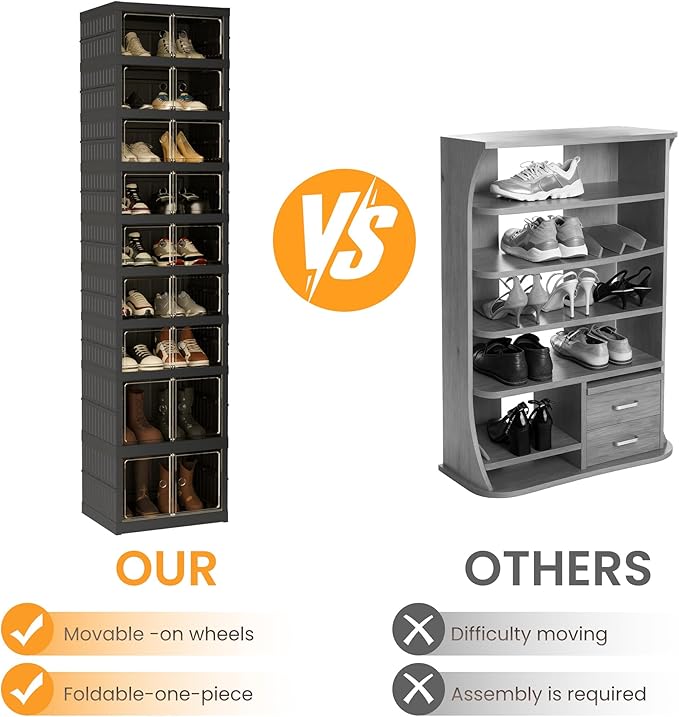 Foldable Shoe Organizer Storage Box Set of 2, Portable Extra Large Folding Shoe Rack for Closet, Shoe Storage Box with Magnetic Transparent Door and Wheels, 9 Layers 18 Grids with 4 Big Grids