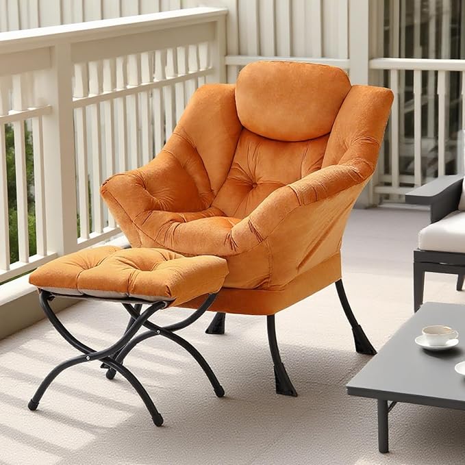 Tiita Lazy Chair with Ottoman, Modern Large Accent Lounge Armchair, Comfy Leisure Sofa Reading Chair with Footrest for Bedroom, Living Room, Dorm Rooms, Garden and Courtyard, Velvet Orange