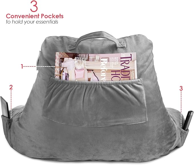 Nestl Reading Pillow with Shredded Memory Foam, Designed for Sitting Up in Bed and Couch, Back and Arms Adjustable Support for Adult & Teens Backrest Pillows for Reading, with Washable Cover Dark Grey