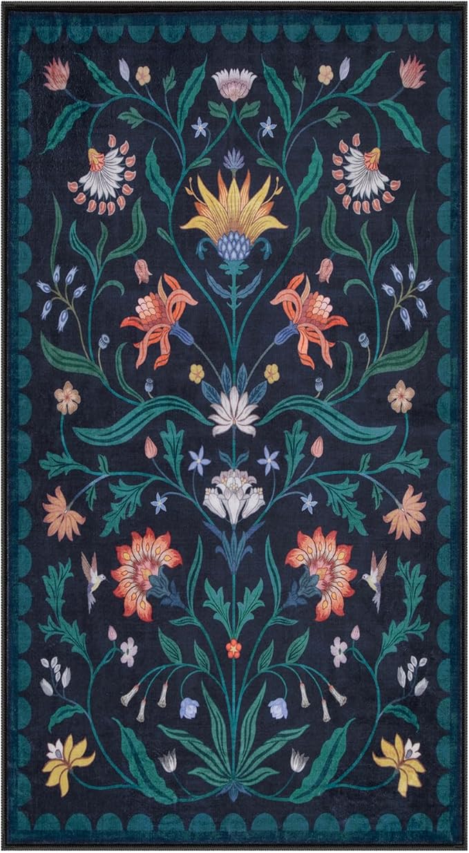 Lahome Boho Floral Washable Dark Blue 6x9 Area Rugs for Living Room, Non Slip Rugs for Bedroom, Indoor Throw Dining Room Carpet for Under Table Home Office Playroom (Dark Blue,6x9ft)
