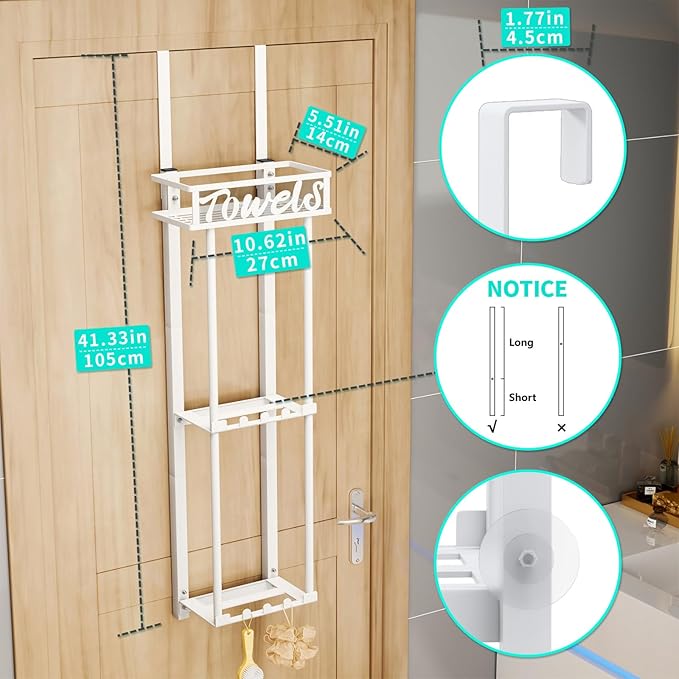 HapiRm Towel Rack Bathroom Storage - 3 Tier Over The Door & Wall Mounted Rolled Towel Racks Holder Organizer with Metal Shelf and 6 Hooks for Small Bathroom, Camper, Rv - White