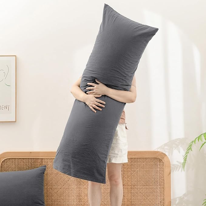 BESTOUCH 100% Washed Cotton Pillowcase for Hair and Skin Linen Feel Soft Comfortable Breathable 1 Pcs Pillow Case with Envelope Closure Solid Quiet Shade Grey Body 20x54 Inches