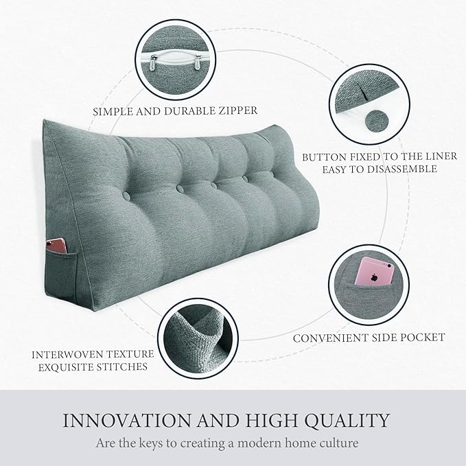8 lbs Thickened Twin Headboard Pillow Wedge College Dorm Bed Pillow for Backrest Reading Triangular Pillow with Side Pocket for Sitting in Bed, Dorm Bedding Essentials for Girls & Boys Gray
