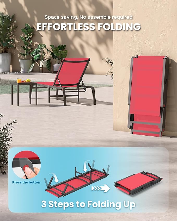 Foldable Pool Lounge Chairs, Aluminum Chaise Lounge Outdoor with 5 Positions Recliner - Free Assembly - Patio Lounge Chair for Poolside, Beach (Red)