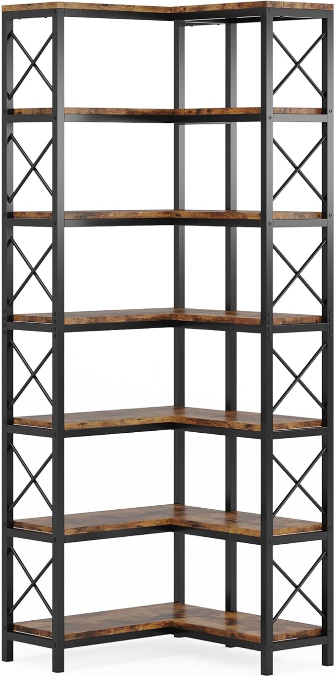 Tribesigns 7-Tier Corner Bookcase, Industrial Large Corner Bookshelf, 7-Shelf Tall Shelf Storage Display Rack with Metal Frame for Living Room Home Office, Rustic Brown