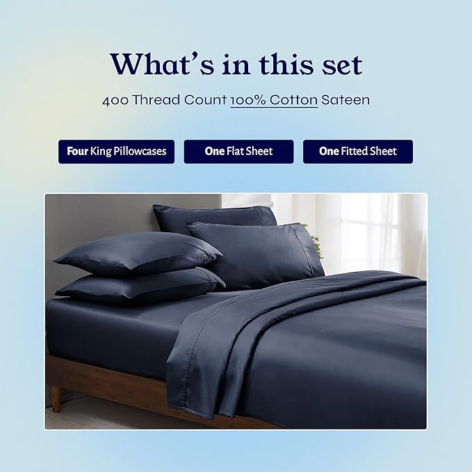 California Design Den 6-Pc King Size Sheet Set with 4 Pillowcases - Soft 400 Thread Count 100% Cotton Sheets, Sateen Weave, Deep Pocket Bedsheets Set - Indigo Dusty Blue CaliforniaDesignDen