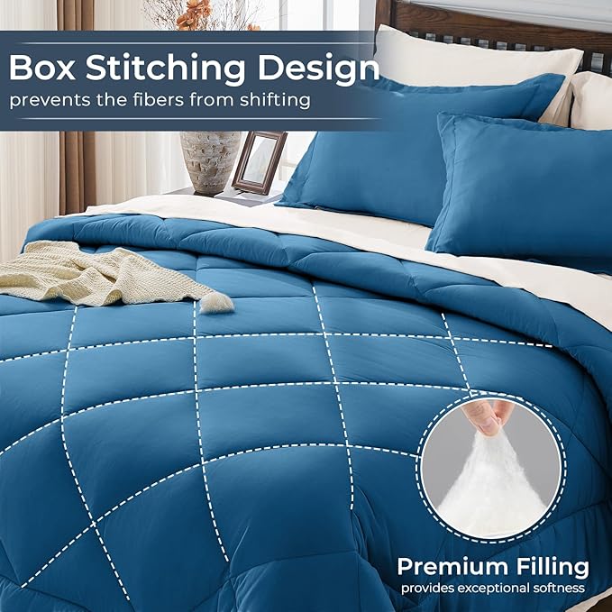 HEVUMYI Teal Blue & Ivory Twin Comforter Set - 5-Piece All Season Bed in a Bag Twin, Ultra Soft Bedding Set with Comforter, Flat Sheet, Fitted Sheet, Pillowcases, Pillow Shams, Teal Blue & Ivory
