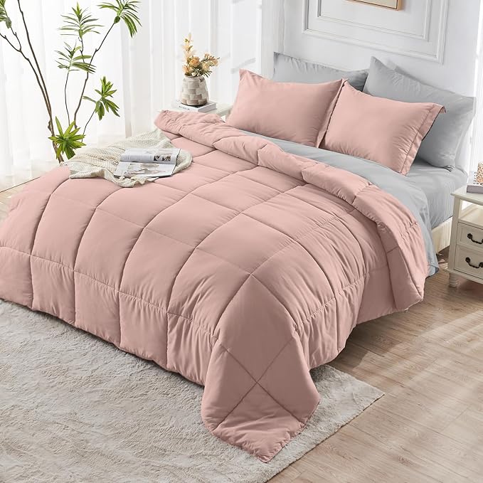 JOLLYVOGUE California King Comforter Set, Ultra-Soft Bed in a Bag Cal King Size 7 Pieces, Oeko-TEX Certified Bedding Set With Down Alternative Comforter, Sheets, Pillowcases & Shams, Pink & Light Grey