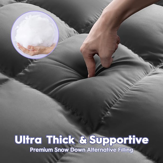 ABENE Mattress Topper Twin XL for Back Pain Relief, Extra Thick Mattress Pad Pillowtop, Soft Mattress Protector Cover with 8"-21" Deep Pocket, Overfilled Down Alternative Filling (Gray, Twin XL)