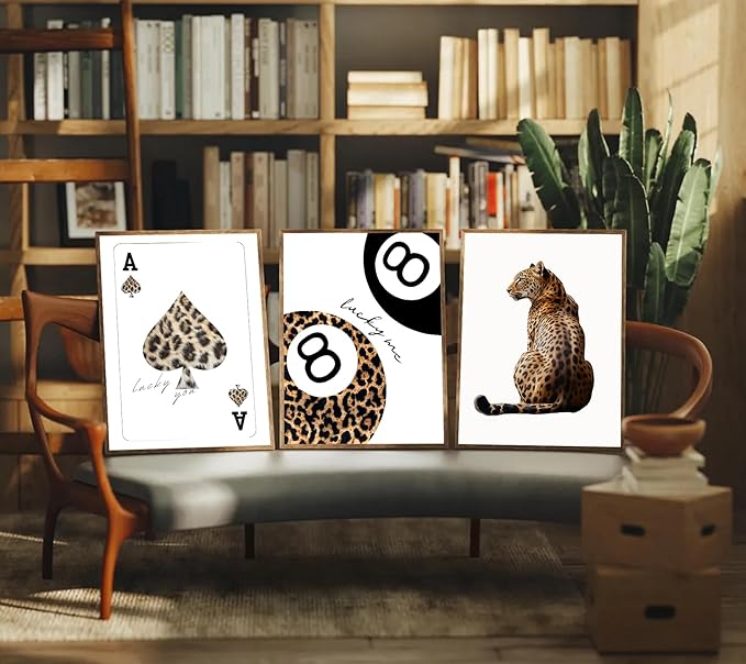 XLYFVLGF 3Pcs Trendy Leopard Canvas Wall Art Cheetah Prints Wall Decor Pictures Funky Lucky You 8 Ball Posters Preppy Aesthetic Paintings for Girls Bedroom Dorm Apartment Decoration 16x24 inch
