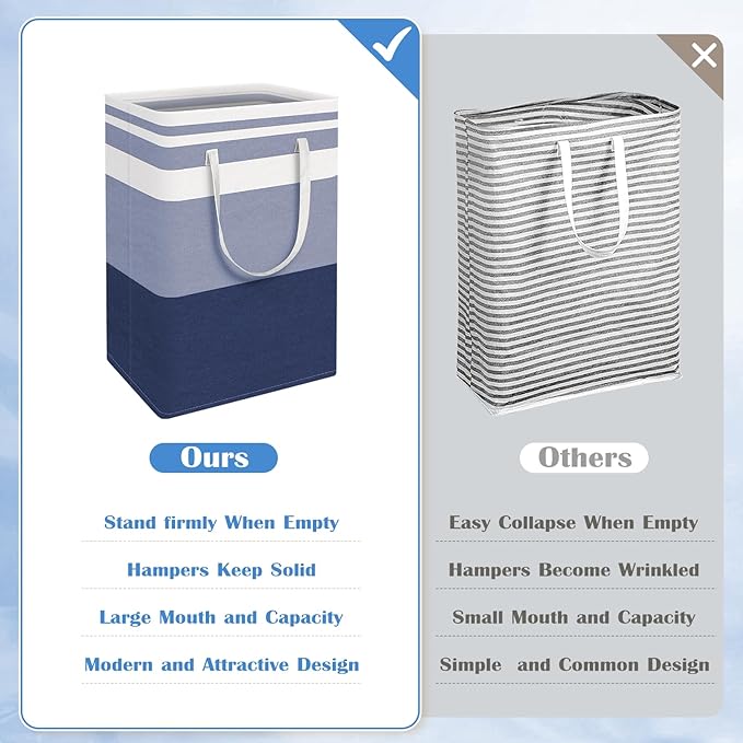 BlissTotes 3-Pack Laundry Basket, Freestanding＆Waterproof Laundry Hamper, Collapsible Tall Clothes Hamper with Easy Carry Handles for Clothes, Towels in the Family and Dorm,Gradient Blue,75L