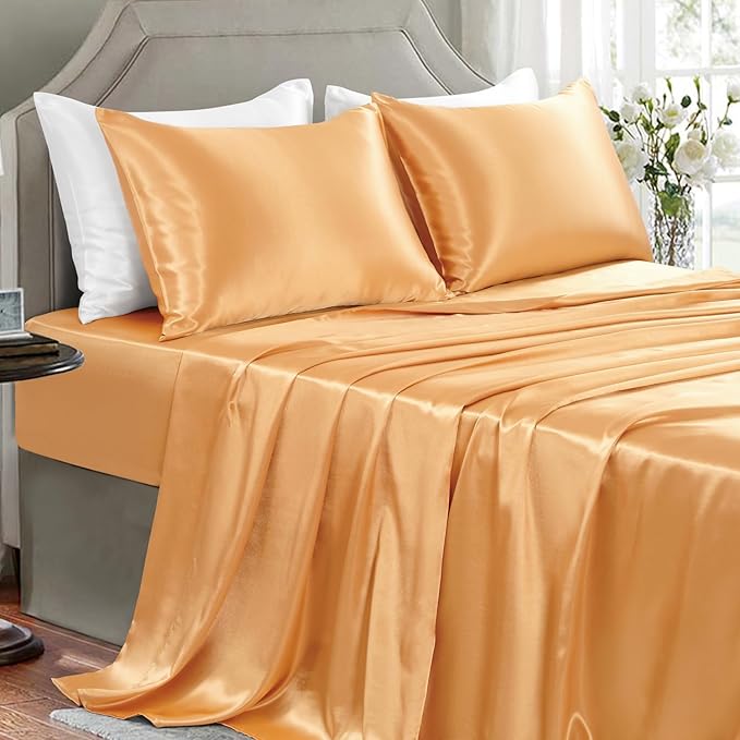 Satin Sheets Full Size - 4 Pieces Luxury Silky Soft Bed Sheets, Wrinkle-Free Gold Satin Silk Sheet Set with 1 Deep Pocket Fitted Sheet, 1 Flat Sheet, 2 Pillow Cases