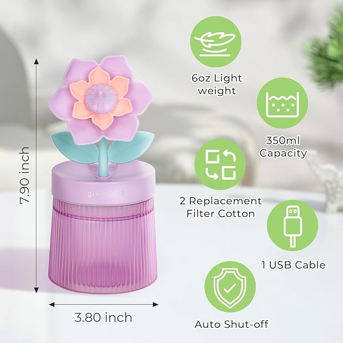 Cute Flower Mini Humidifier, 260ml Gardenia Desktop Humidifiers for Bedroom, Portable Small Cool Mist Humidification for Home, Baby Nursery, Office & Indoor Plants, USB Powered (Purple)