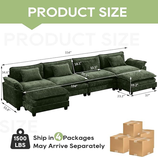 154" Modular Sectional Sofa, Comfy Cloud Couch Sectional Sofa with Ottoman, Chenille Sofa Sleeper Deep Seat Sofa with Throw Pillows for Living Room (Green, 154"- U Shape)