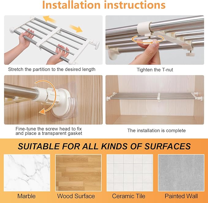 BAOYOUNI Adjustable Closet Tension Shelf Rod Expandable Clothes Hanging Rail Pole Dividers Wardrobe Space Saving Storage Organizer Ivory, 46.85-75 Inches