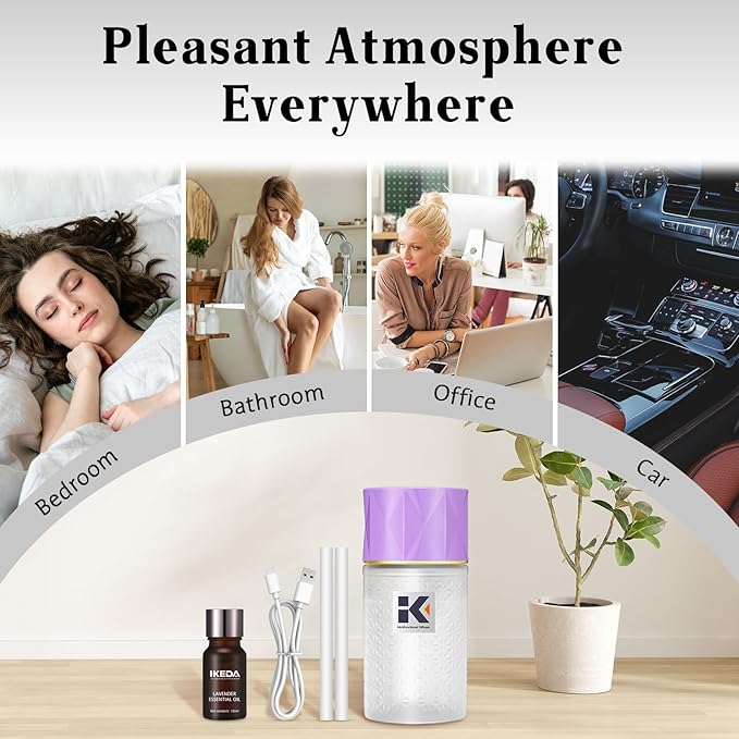 Ikeda Wireless Essential Oil Diffuser, Mini Negative Ion Mist Humidifier with Night Light & Auto Shut-Off, 250mL Lavender Scent for Room, Home, Car&Office