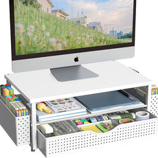 Spacrea Desk Organizer and Accessories, Computer Monitor Stand Riser with Drawer and 2 Pen Holders, Office Desk Accessories & Workspace Organizers for Office Supplies (White)