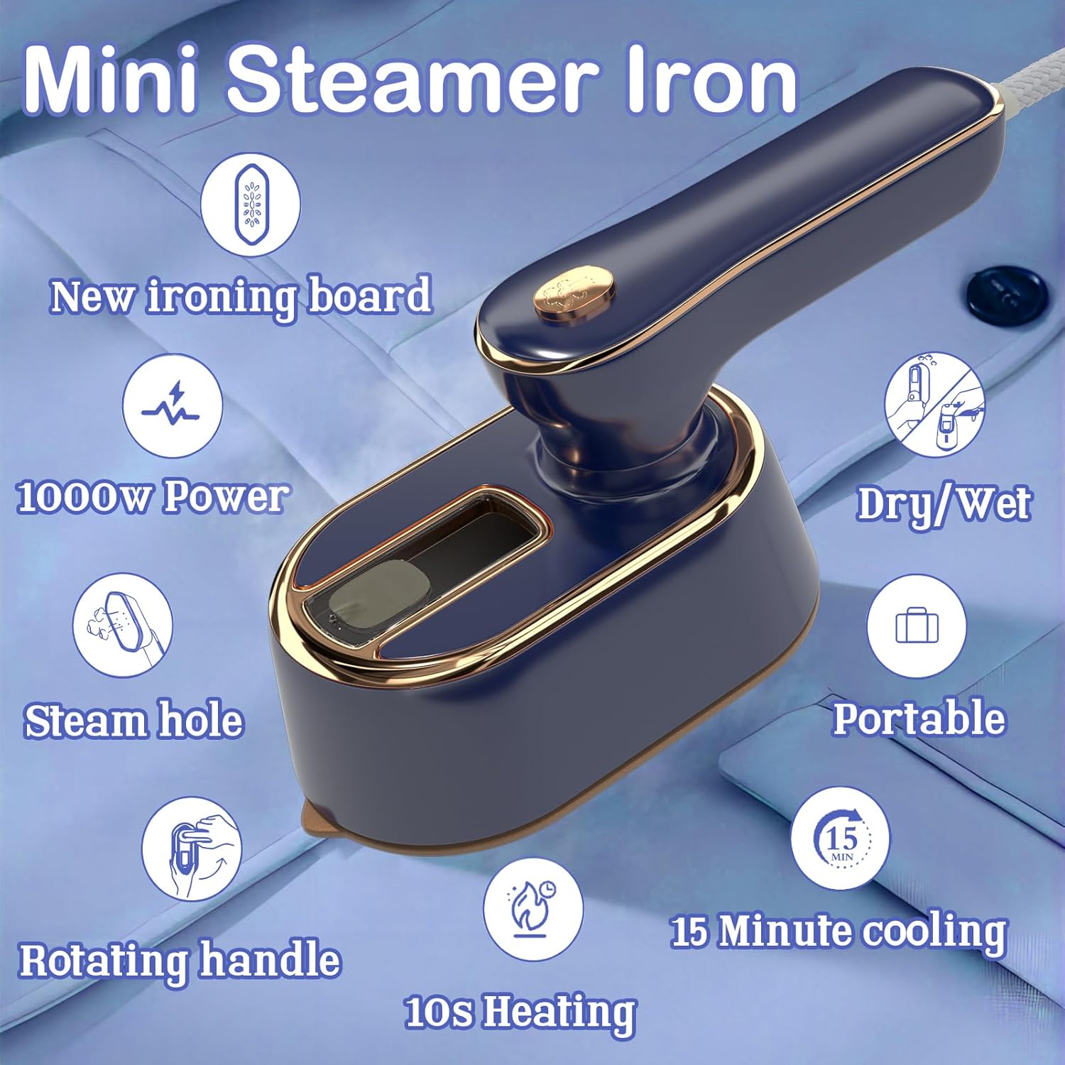 Travel Steamer Iron for Clothes Mini - Portable Ironing Machine Travel Small Size Portable Steamer Travel College Dorm Home Essentials (Blue) Dormly