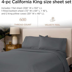 Threadmill 100% Cotton Sheets for Cal King Size Bed - 600 Thread Count Cal King Bed Sheets Set with 16” Deep Pocket - Sateen Weave 4-Piece Bedding Set with Cooling Effect, Dark Grey