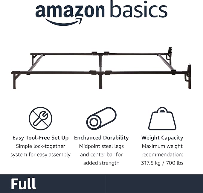 Amazon Basics Metal Bed Frame(Box Spring Required), 9-Leg Base for Box Spring and Mattress, Full, Tool-Free Easy Assembly, Black