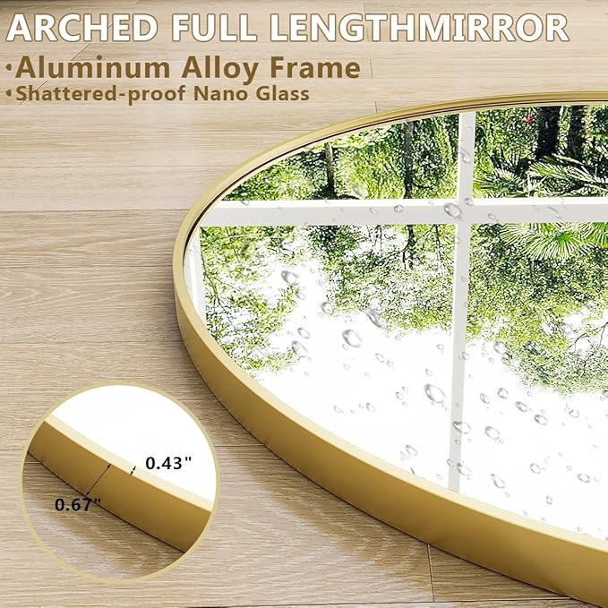 Oversized Full-Body Mirror, 76" x 34" Arched Full-Length Mirror, Gold Metal Frame, Floor Mirror for Bedroom, Living/Dressing Room, Gym - Stand/Wall Mounted/Leaning
