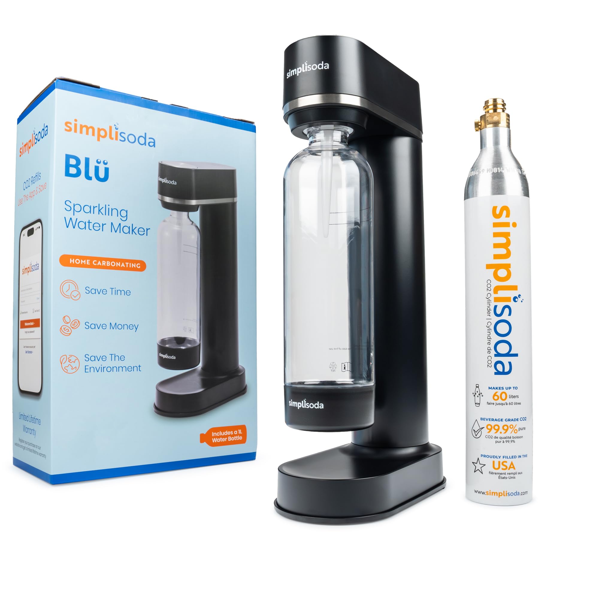 Simpli Soda BLÜ Sparkling Water Maker, Premium Soda Streaming Machine, Carbonated Water Machine and Soda Maker - Black (No CO2 Cylinder Included)