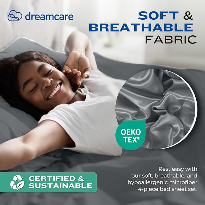 DREAMCARE Queen Sheet Set – 4 pcs Cooling Sheets – up to 21” Extra Deep Pocket Queen Sheets – Hotel Luxury Sheets & Pillowcases – Superior Softness 100% Fine Microfiber with Side Pocket – Dark Gray DREAMCARE