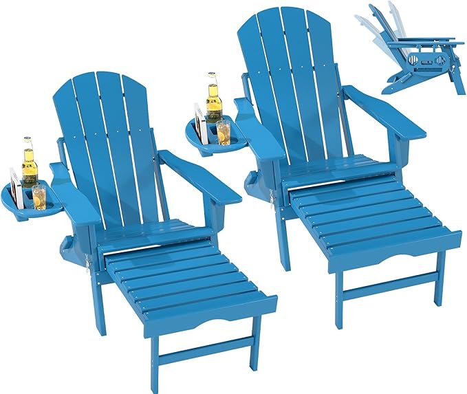 FOOWIN Folding Adjustable Adirondack Chair with Retractable Ottoman Set of 2, HDPE Adirondack Chair w/4 in 1 Cup Holder Trays,All-Weather Resistant Fire Pit Chair for Outdoor Patio Lawn, Pacific Blue
