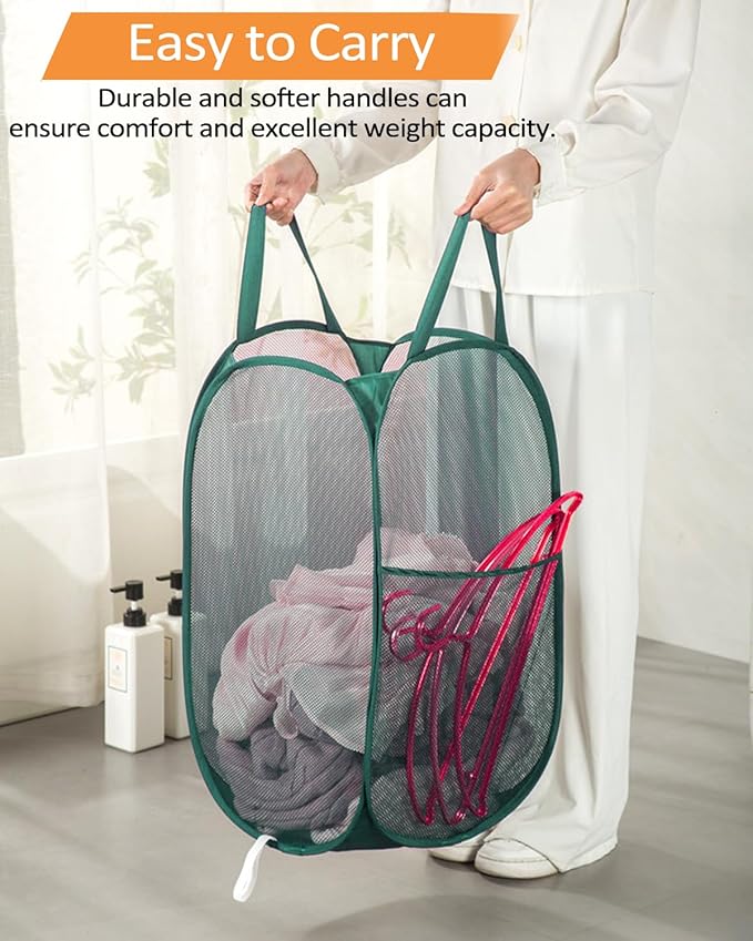 2 Pack Durable Collapsible Laundry Baskets - Reinforced Mesh Pop Up Laundry Hamper with Pocket, Foldable Dirty Clothes Hamper with Carry Handles for Laundry, Bathroom, Kids Room, Dorm or Travel Green