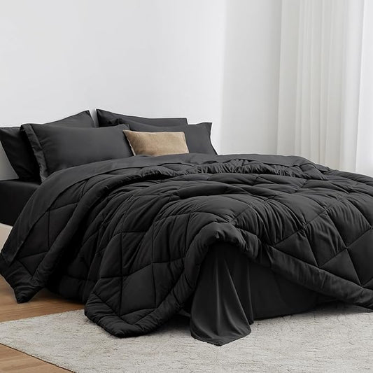 Love's Cabin Oversized Queen Comforter Set, 7 Pieces Queen Bed in a Bag, All Season Bedding Sets with 1 Comforter, 1 Flat Sheet, 1 Fitted Sheet, 2 Pillowcase and 2 Pillow Sham, Black