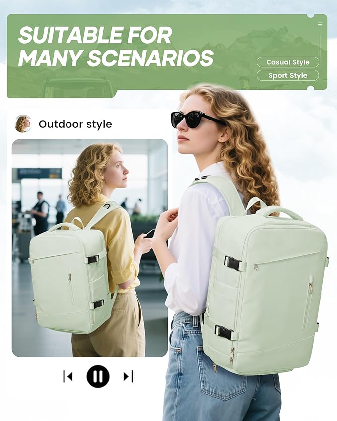 Vacuum Travel Backpack with Electric Vacpack Pump for Women, 40L Expandable Vacuum Compression Bags Personal Item Backpacks Flight Approved Traveling Carry on Suitcase Luggage, Light Green