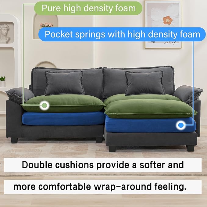 86" Modular Sectional Sofa, Comfy Cloud Couch Sectional Sofa with Ottoman, Velvet Sofa Sleeper Deep Seat Sofa with Throw Pillows for Living Room (Blue Gray, 86"- L Shape)