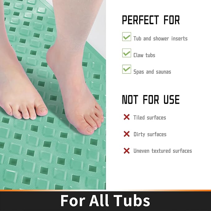 Yimobra Bathtub Mat Non Slip, Super Strong Suction Cups, 27.5"x15.5" Long Shower Mat with Drain Holes, Machine Washable Fast Draining Bath Mats, Bathroom Essentials,MARRS Green