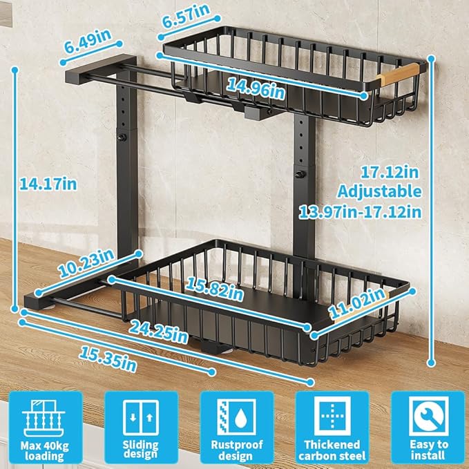 Under Sink Organizer, 2 Tier Metal Under Sink Organizers and Storage, 2 Pack Height Adjustable Slide out Pull out Cabinet Organizer Shelf for Kitchen Bathroom Pantry Cabinet