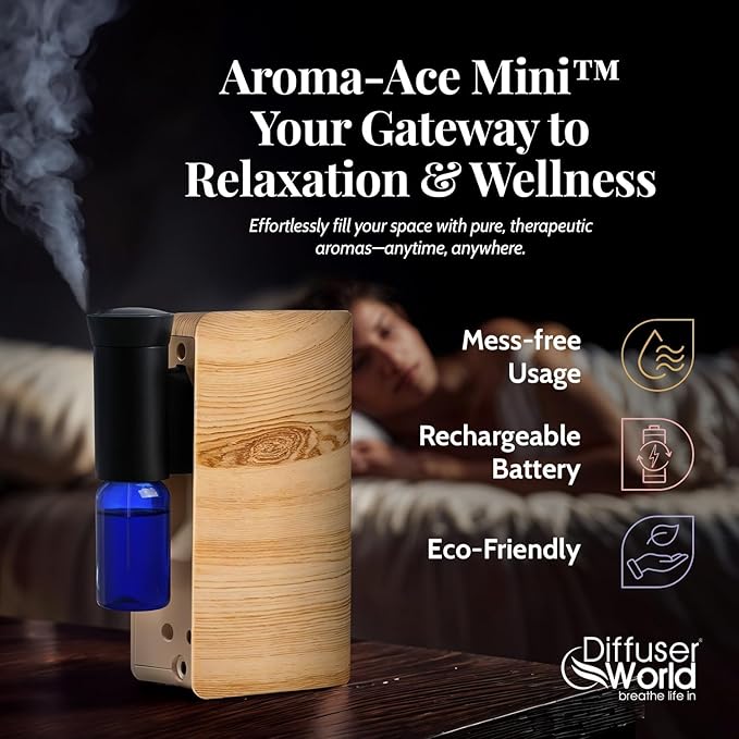 Aroma-Ace Mini Essential Oil Diffuser for Home Scent Diffusers - Portable Waterless Aromatherapy Diffusers with Rechargeable Battery, Nebulizing Atomizer Air Diffuser for Home - Woodgrain