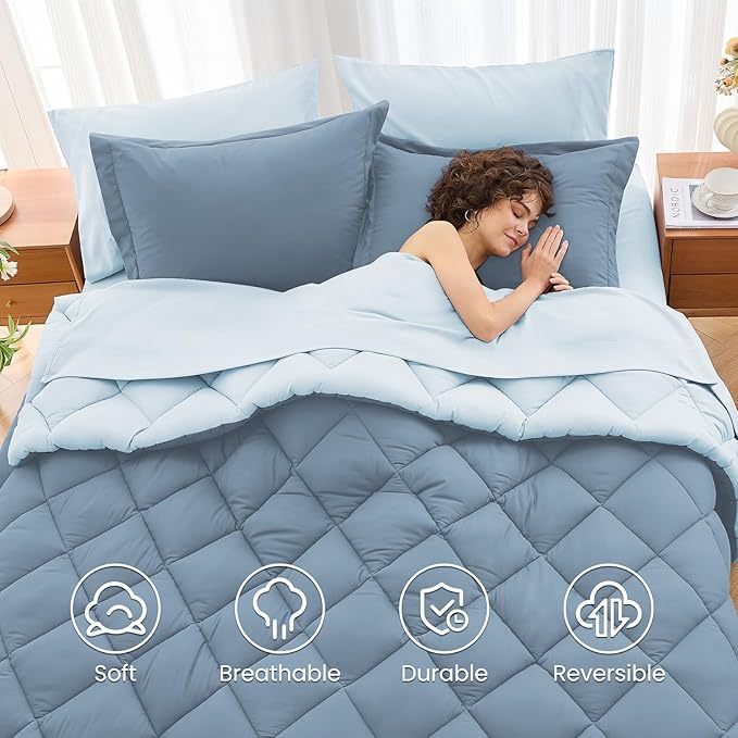 MUXHOMO 7 Pieces Full Comforter Set, Reversible Bed in a Bag Full Size, All Season Bedding Set with Comforter, Flat Sheet, Fitted Sheet, Pillowcases & Shams, Mineral Blue & Light Blue